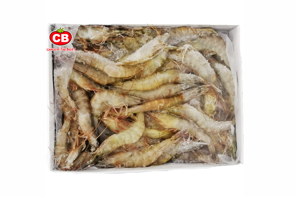 Box of frozen prawn with CB logo on a white background