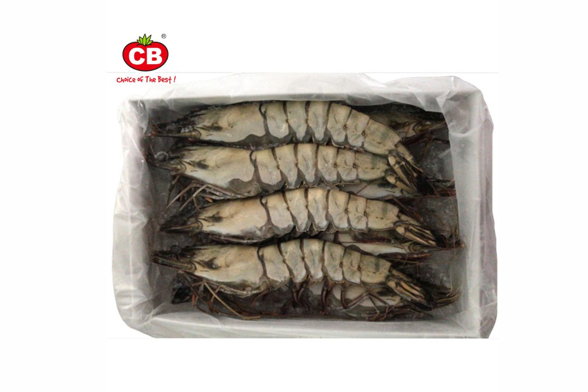 Packaged shrimps with CB logo on a white background