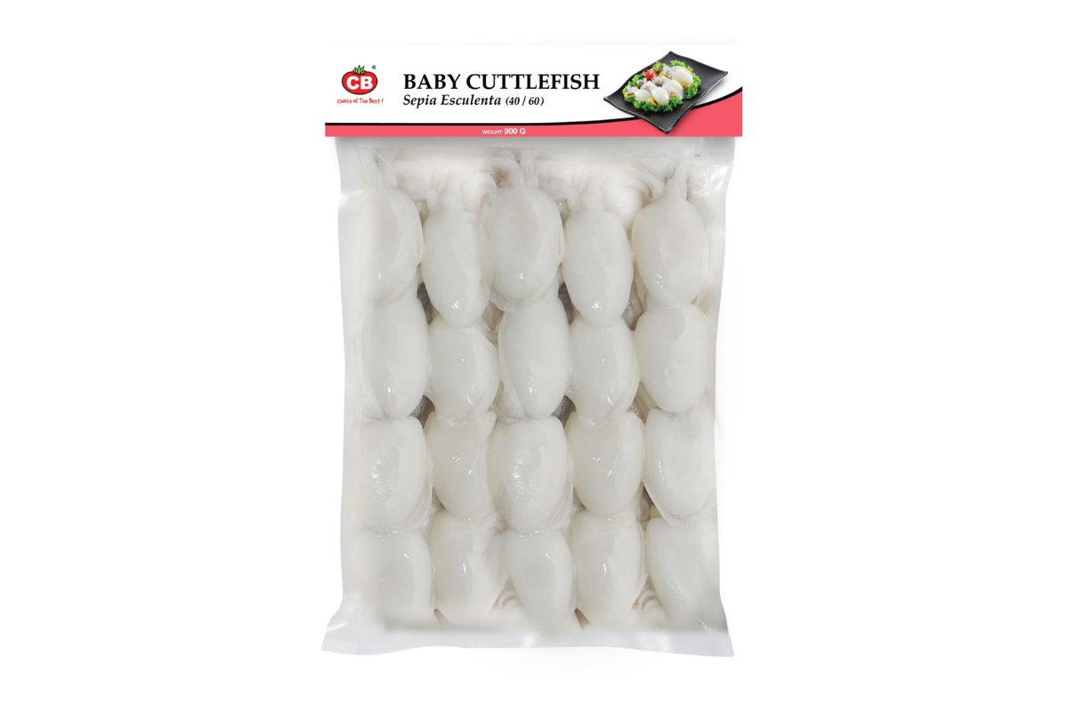 Packaged baby cuttlefish with a visible brand label on a white background