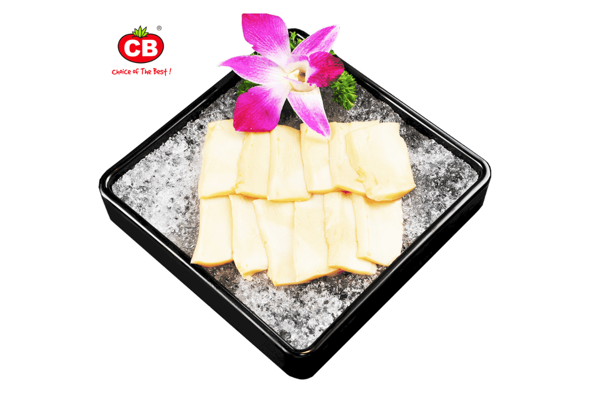 Dish of sliced food on a black tray with a pink flower garnish, featuring the CB brand logo.