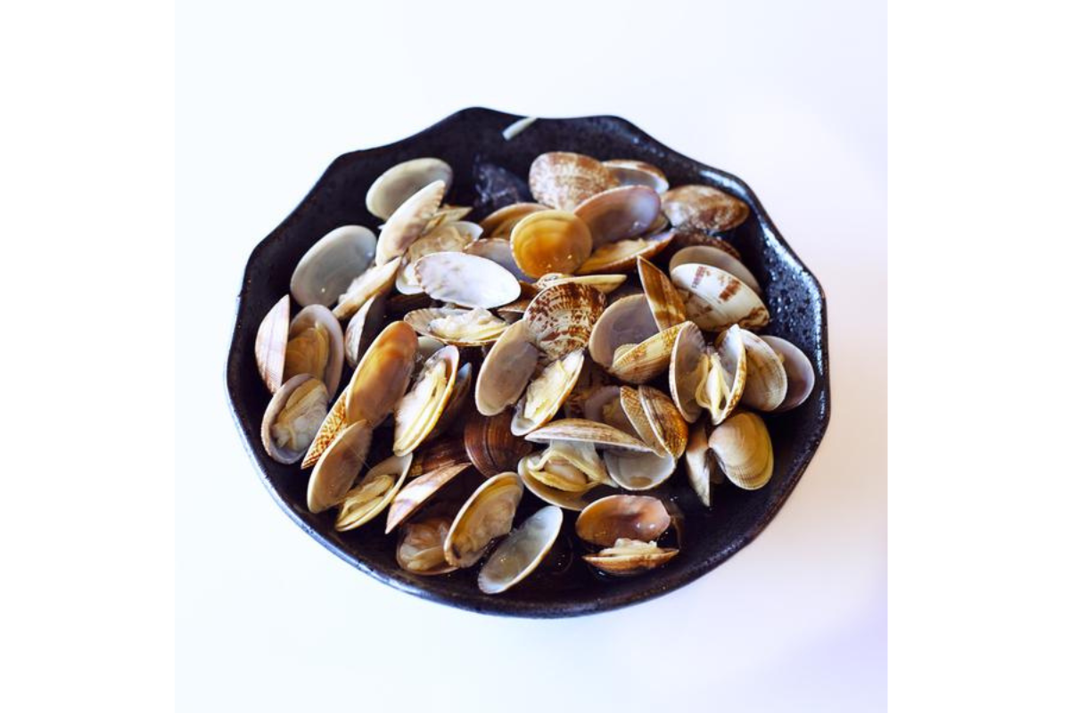 Shellfish in a black bowl on a white background