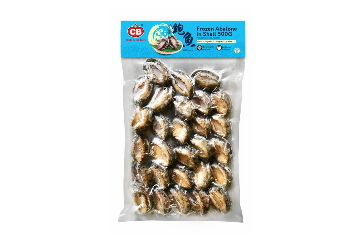 Packaged frozen abalone with CB brand label on a white background
