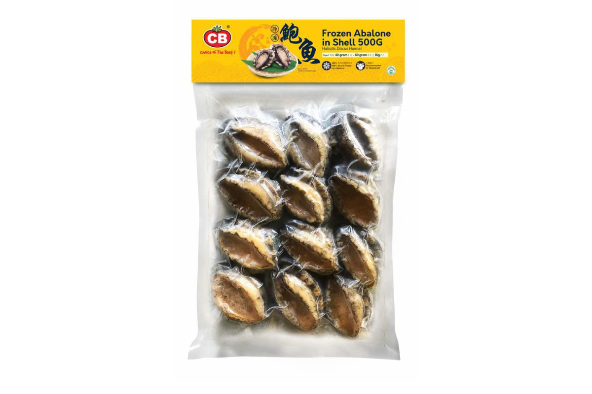 Packaged frozen abalone with CB brand label on a white background