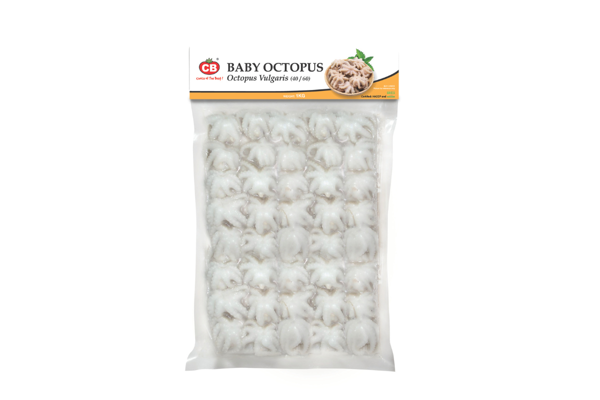 Packaged baby octopus with a visible CB brand label on a white background