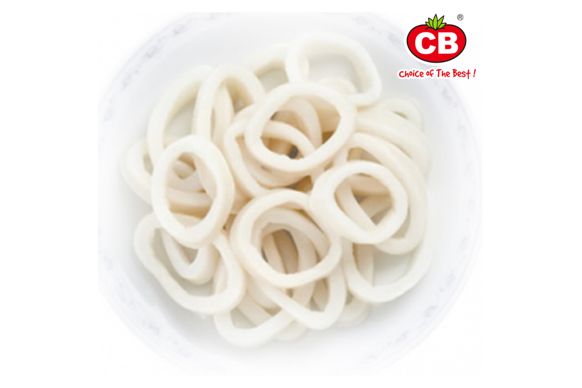 frozen squid ring in a bowl with CB brand logo on a white background