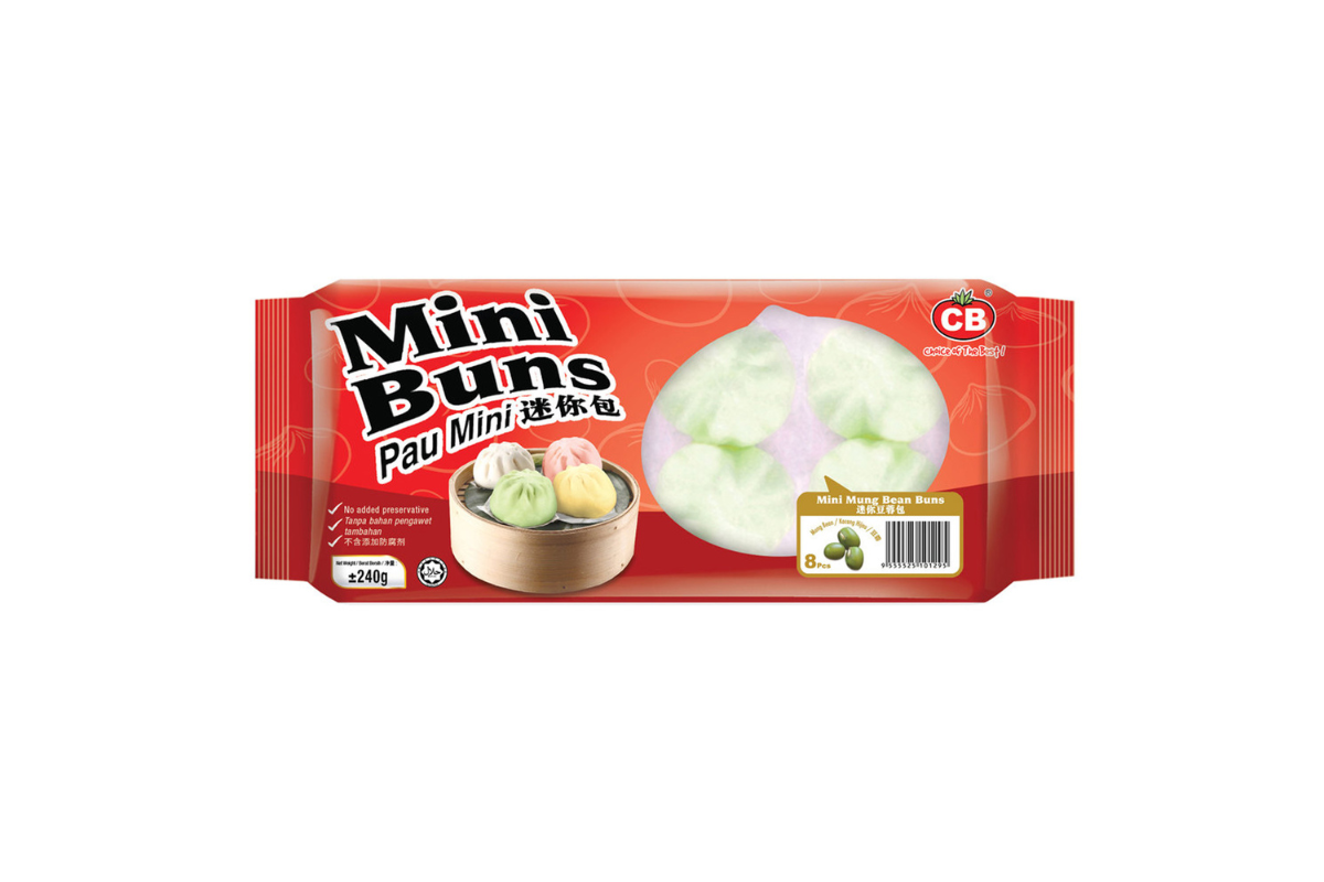 Packaging of Mini Buns with CB logo on a red packaging