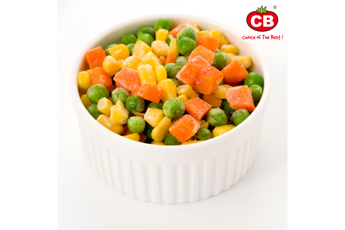 Assorted frozen vegetables in a white bowl with CB brand logo.