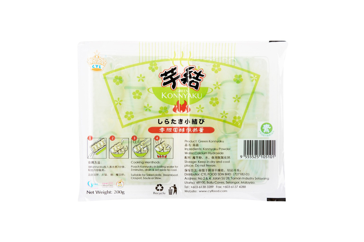 Koniyaku packaging with green and white design on a white background