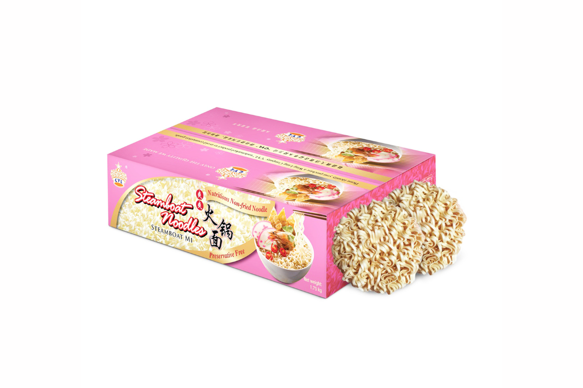 Pink packaging of instant noodles with sample noodles on a white background
