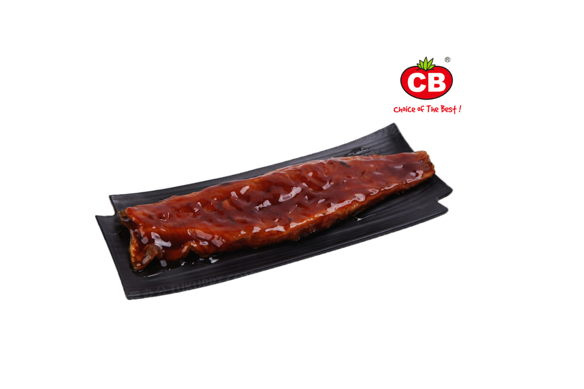 Unagi on a black plate with CB brand logo on a white background