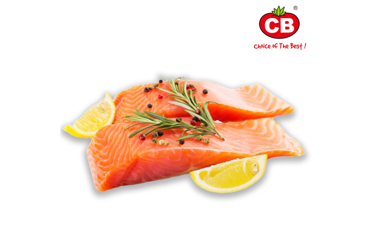 Raw salmon fillets with lemon wedges and rosemary on a white background, featuring the CB brand logo.