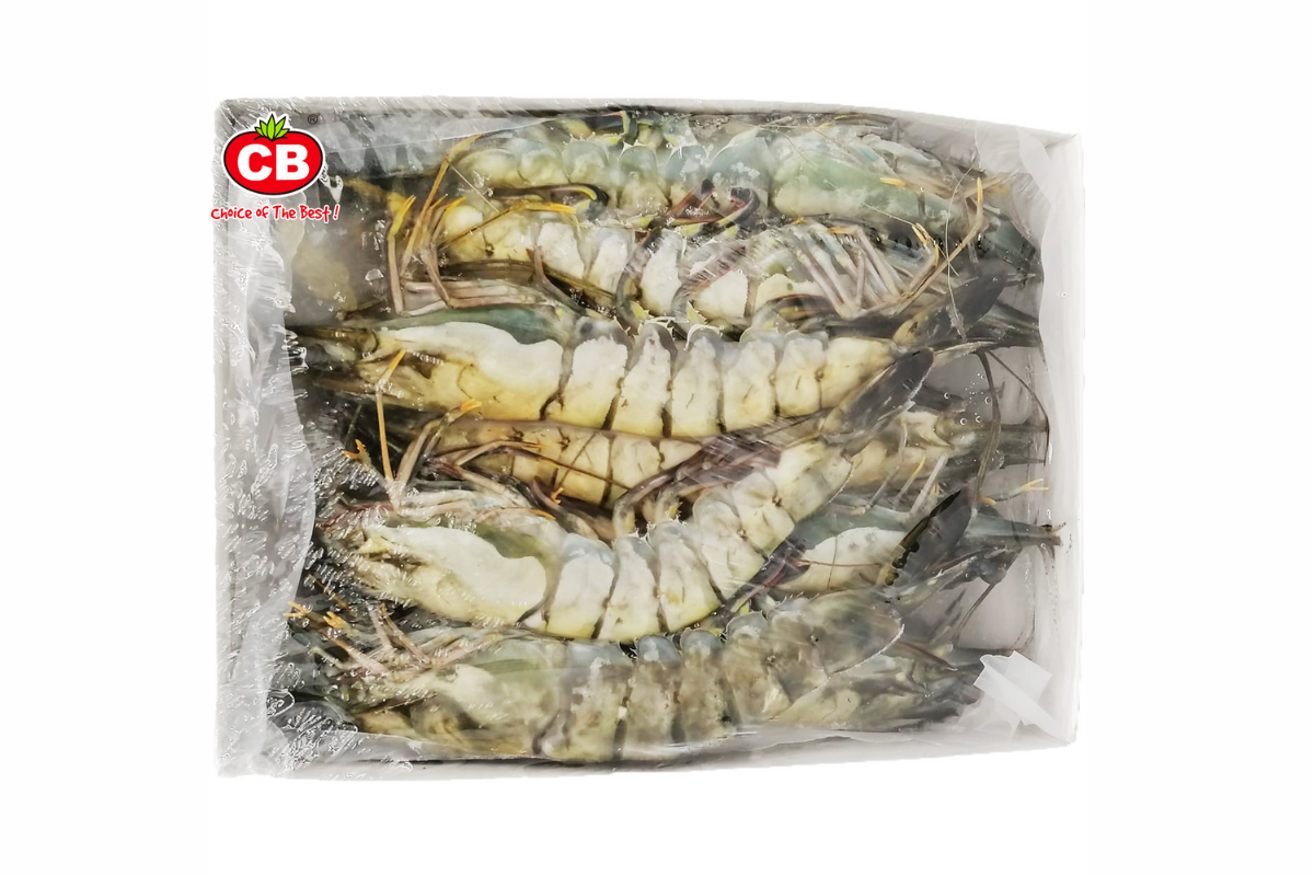 Packaged shrimps with CB brand logo on a white background
