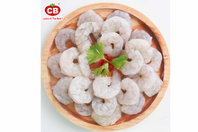 Raw shrimp in a wooden bowl with a CB brand logo in the corner