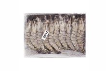Packaged shrimp with a visible brand label on a white background