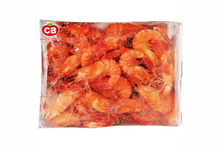 Packaged shrimp with CB logo on a white background