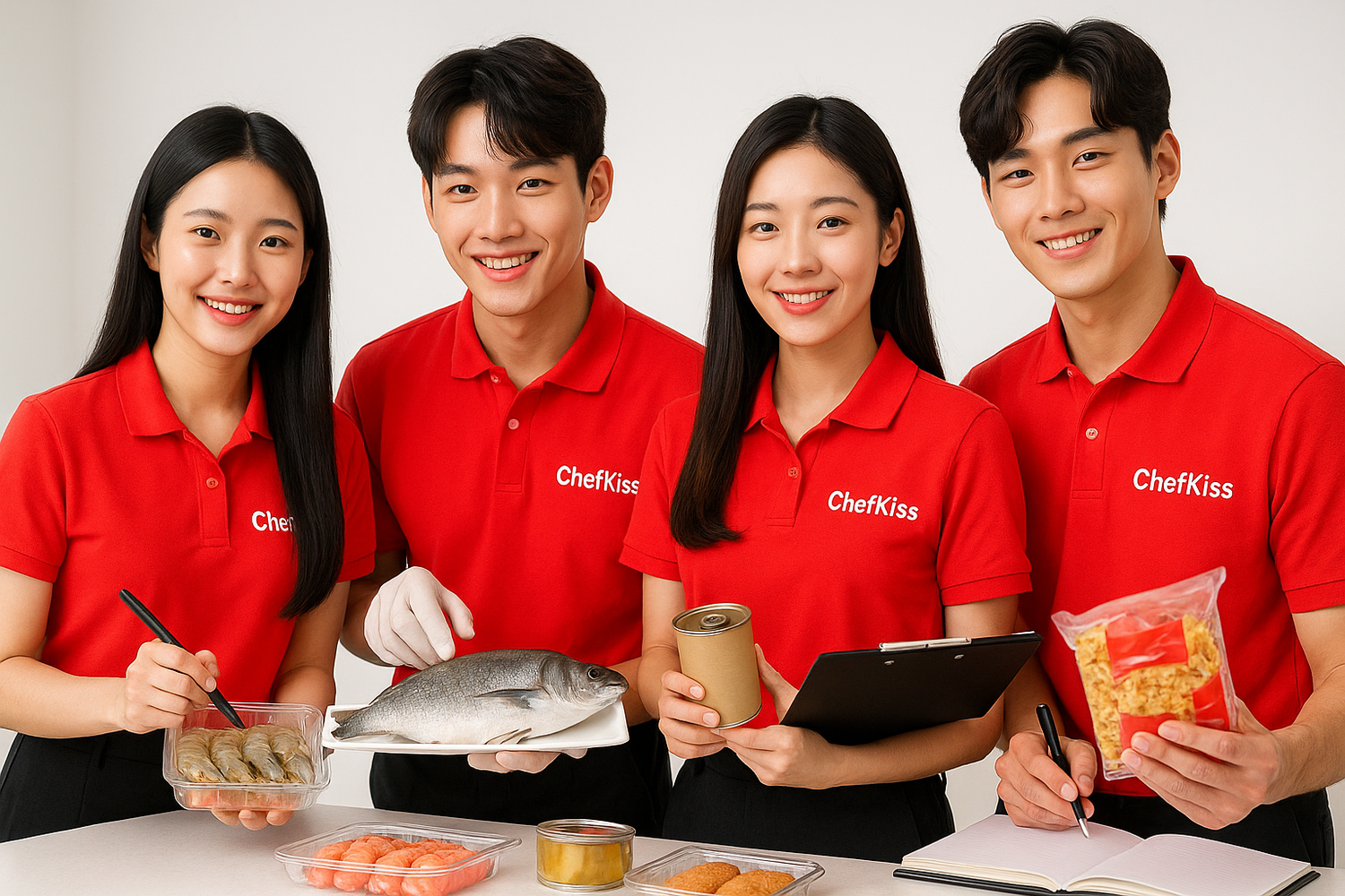 4 ChefKiss staffs wearing Red ChefKiss attire. They are doing quality checks for food, seafood, prawns, fishes, can food, packet food.