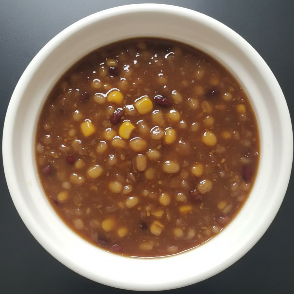 White bowl filled with a brown soup containing corn and beans on a dark background