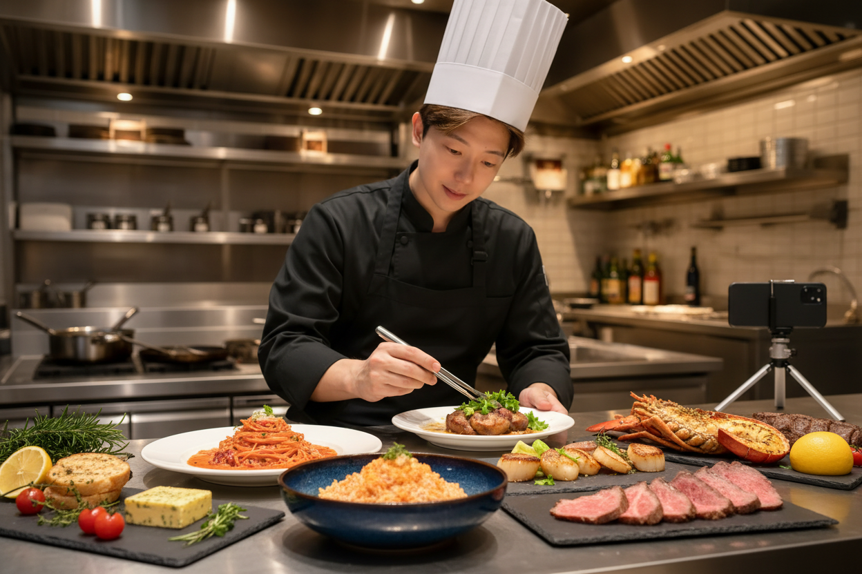Chef preparing a dish in a professional kitchen with various food items on the counter.