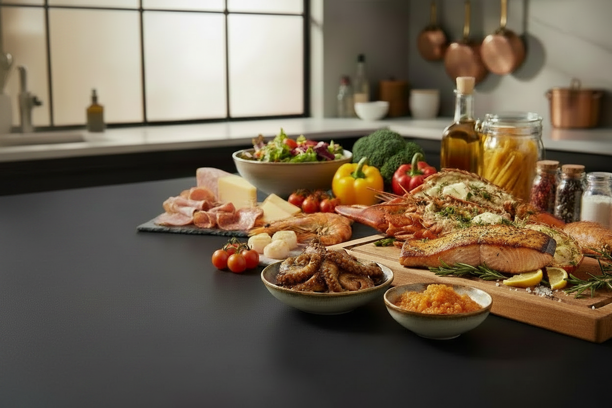 Assorted food items on a kitchen counter with a focus on seafood and vegetables.