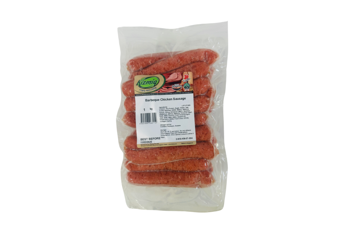 Packaged chicken sausages with a label on a white background