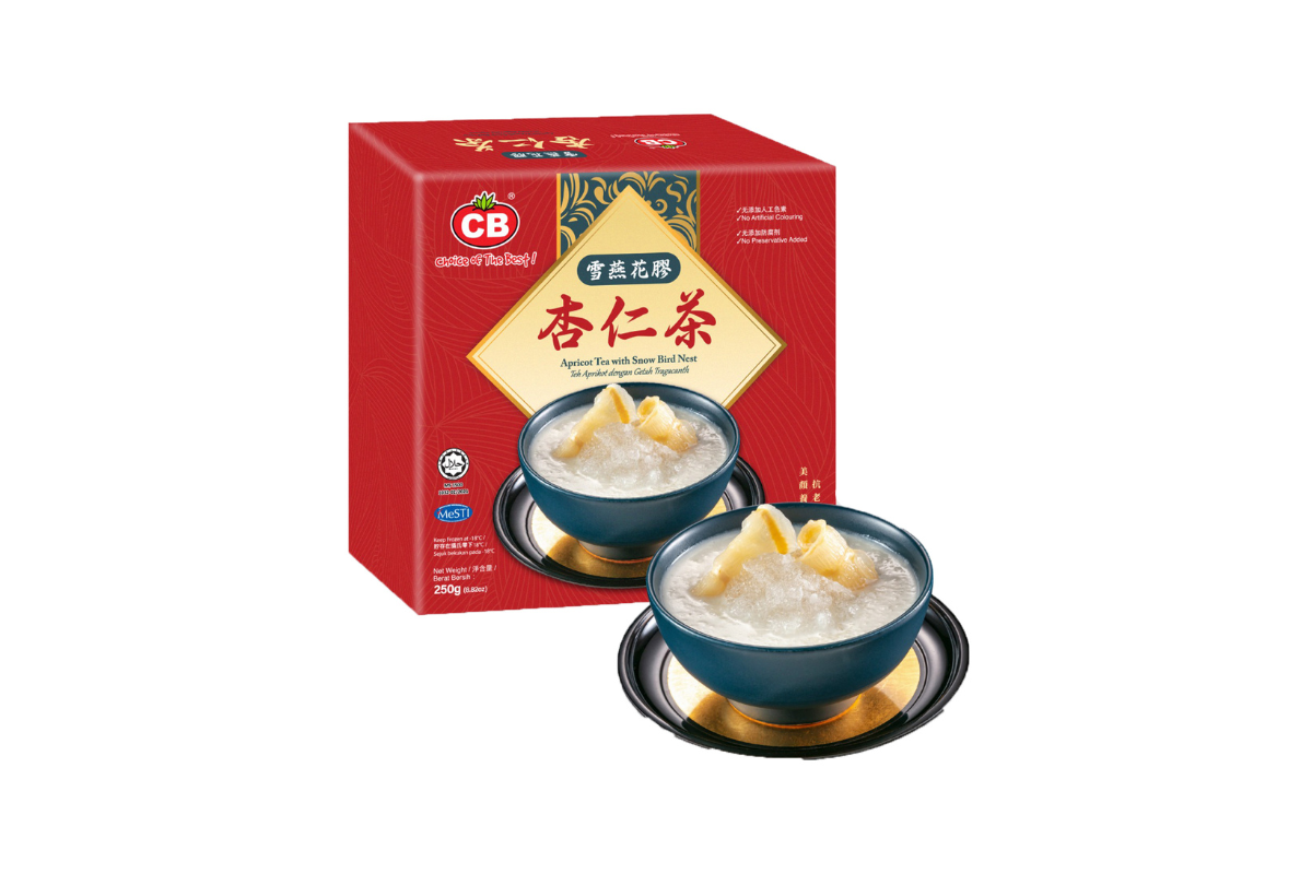 Red box with two blue bowls of dessert on a white background