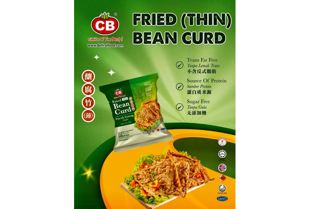 Packaging of CB Fried (Thin) Bean Curd with images and text on a green and orange background