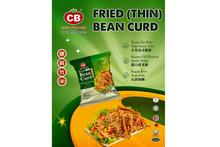 Packaging of CB Fried (Thin) Bean Curd with images and text on a green and orange background