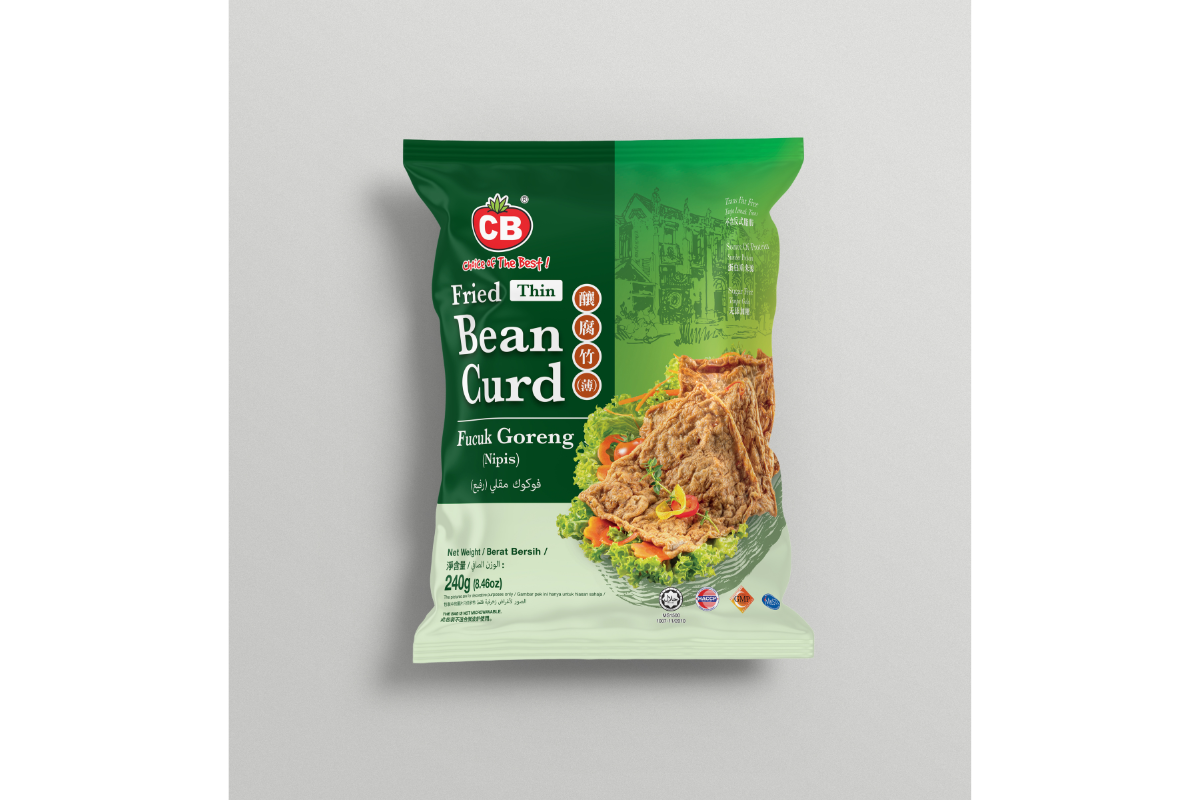 Packaged fried bean curd with CB logo on a gray background