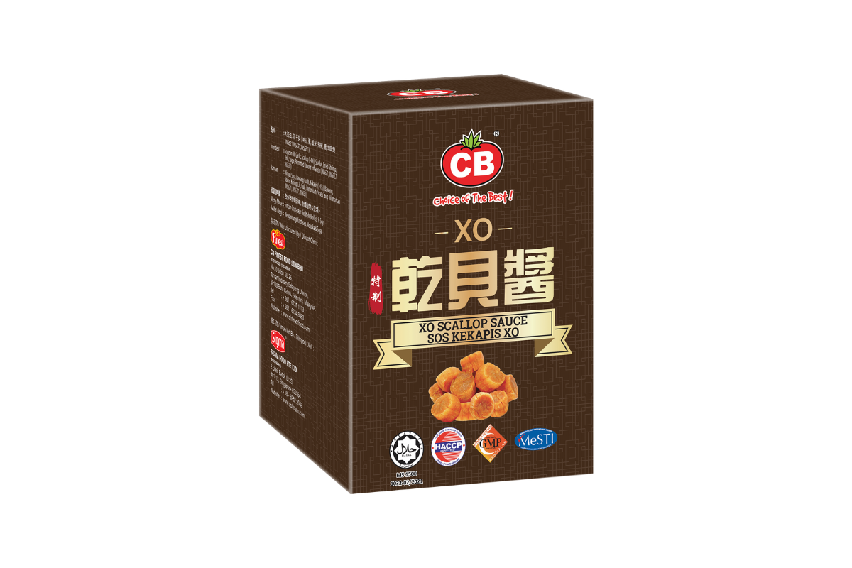 Box of XO Scallop Sauce with CB logo on a white background