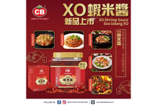 Advertisement for CB XO Shrimp Sauce with product images and branding on a red background