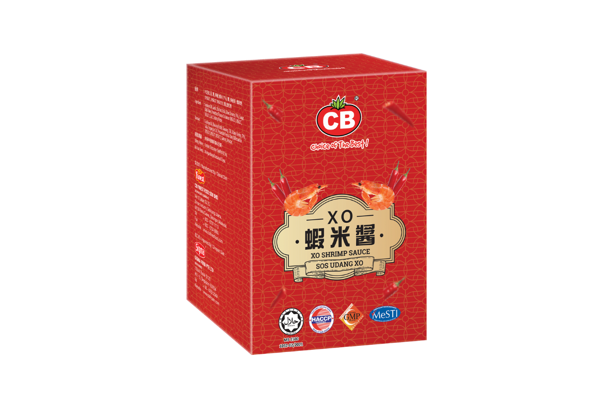 Red box with 'CB' branding and shrimp graphics on a white background