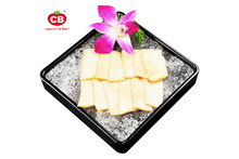 Dish of sliced food on a black tray with a pink flower garnish, featuring the CB brand logo.