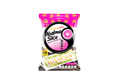 Packaged abalone slices with pink and yellow design on a white background