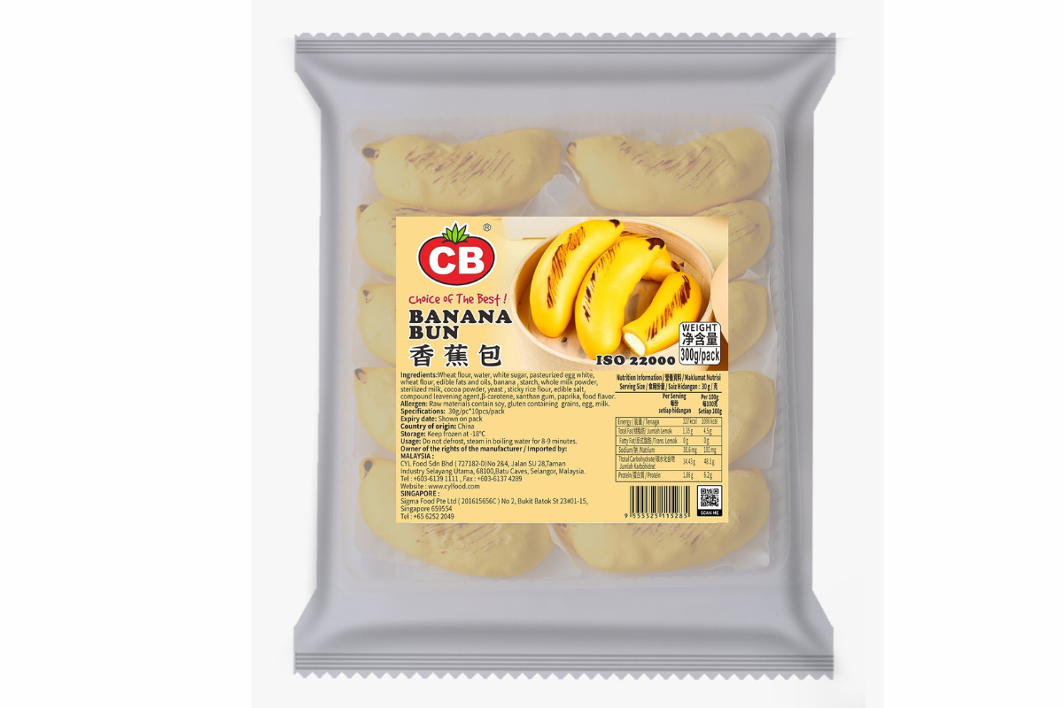 Packaged banana buns with CB brand logo on a white background