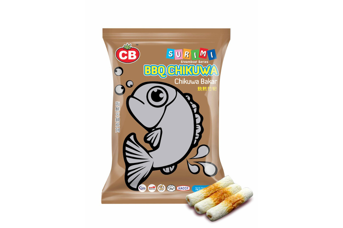 Packaging of CB Surimi BBQ Chikuwa with a fish illustration on a white background