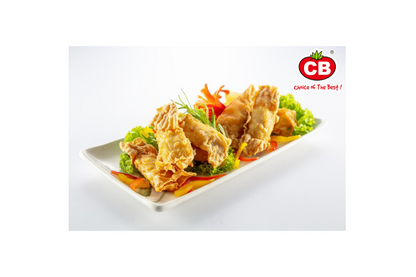 Plated dish of fried food with vegetables on a white background, featuring the CB logo.
