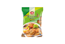 Packaged food product with green and white label on a white background