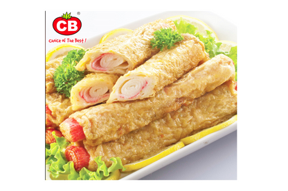crabstick rolls on a white plate, branded with CB logo.