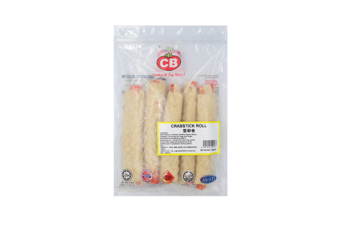 Packaged crab stick rolls with CB brand logo on a white background