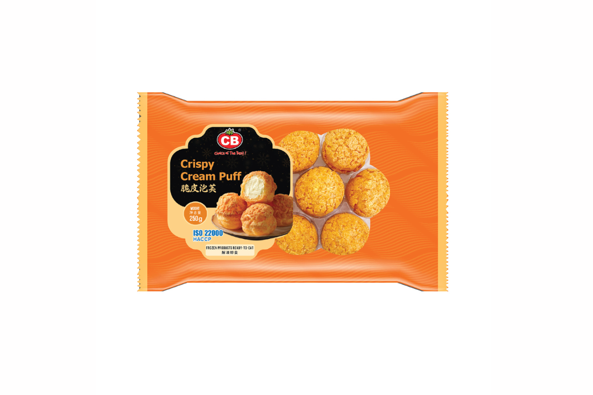 Packaged Crispy Cream Puffs with orange packaging on a white background