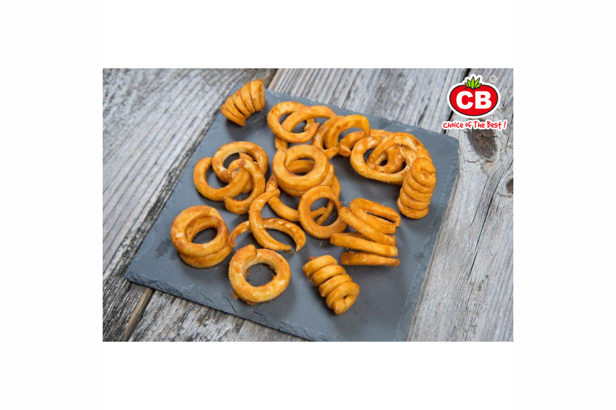 Curly fries on a black plate
