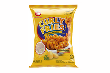 Curly fries with CB logo in a yellow packaging 