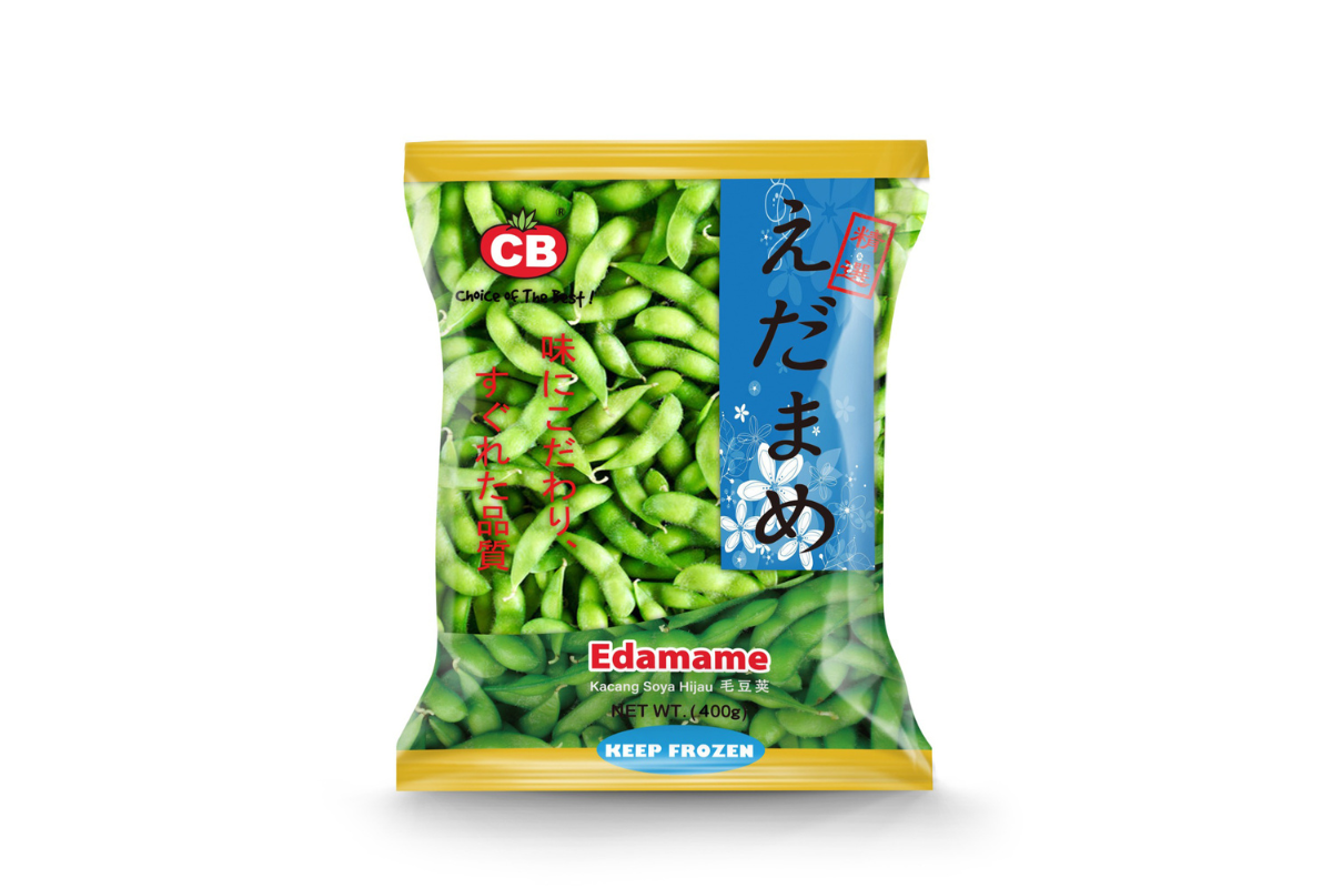 Packaged edamame with CB logo on a white background