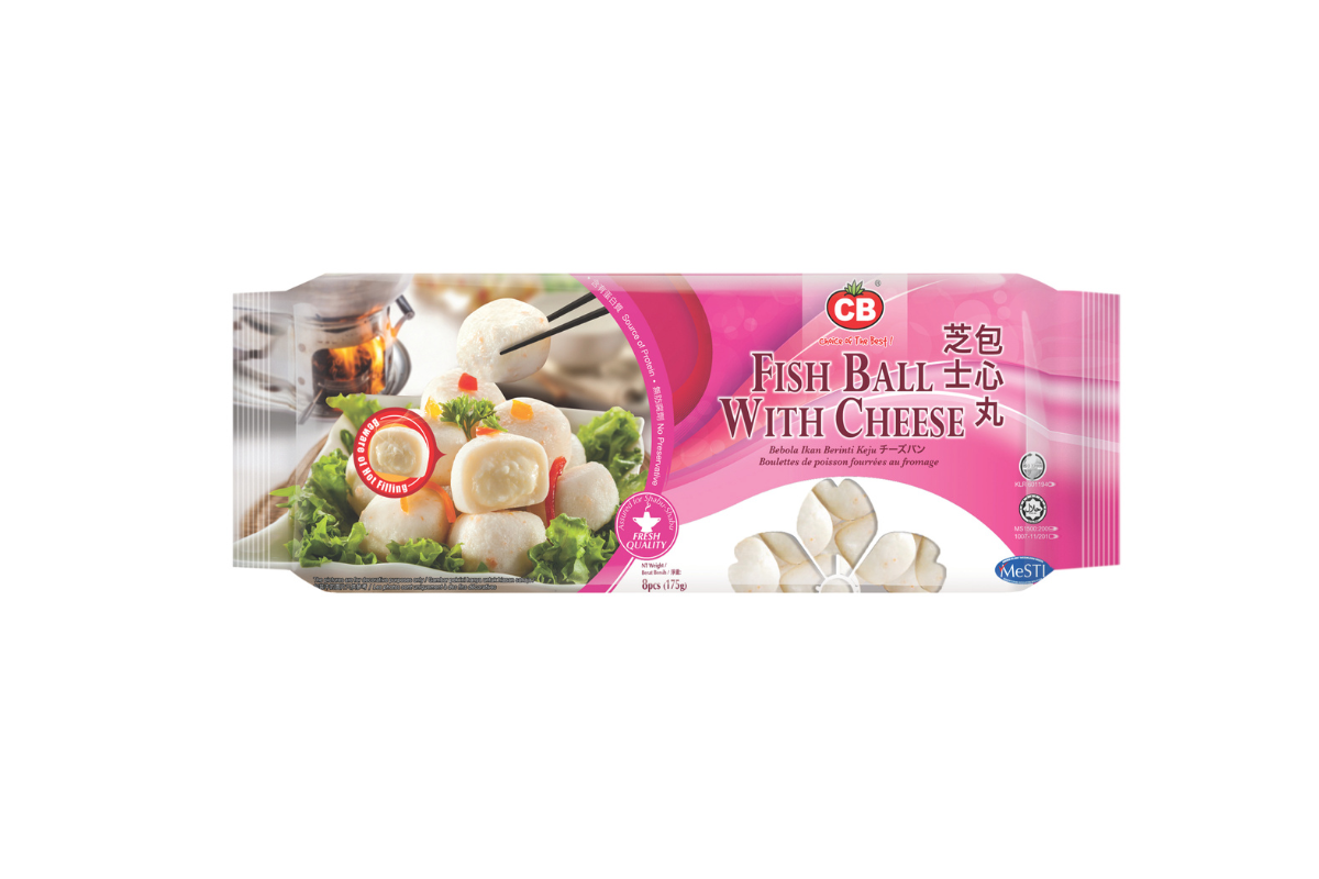Package of CB fish balls with cheese on a white background
