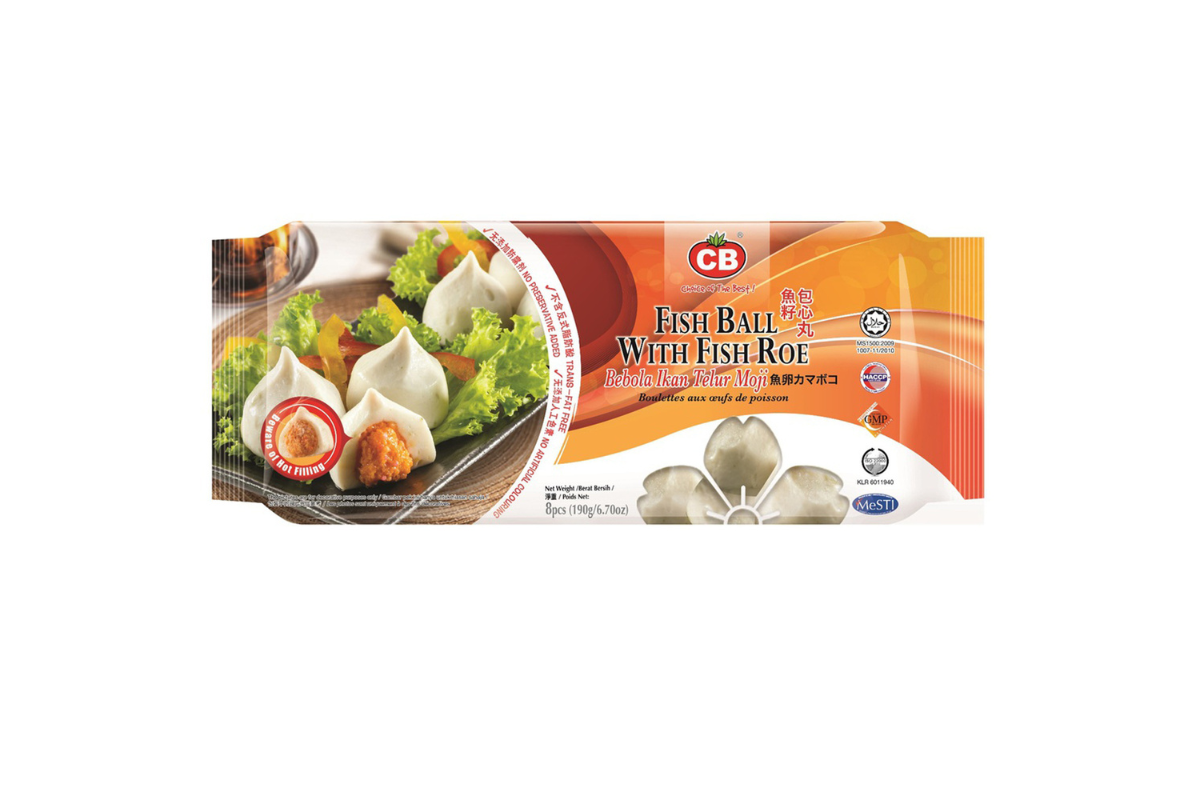 Packaged fish balls with fish roe on a white background