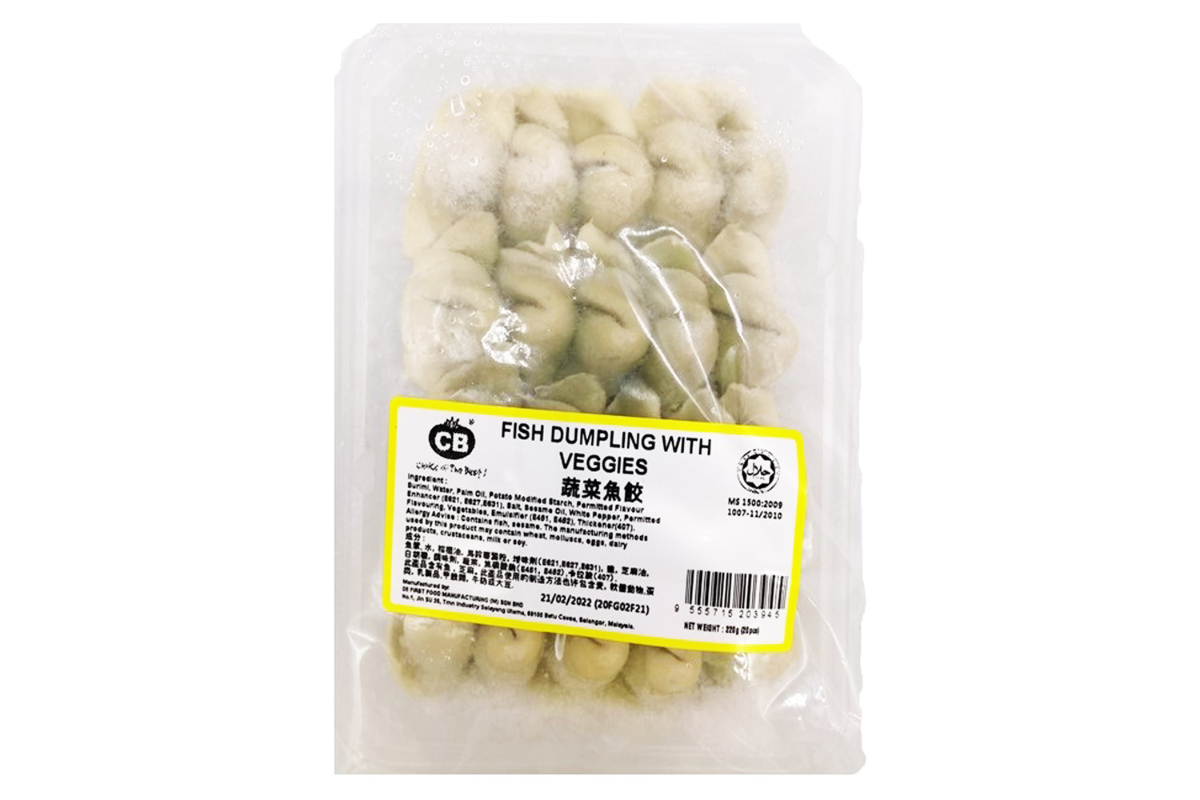Fish dumpling with veggies in a transparent packaging with CB logo