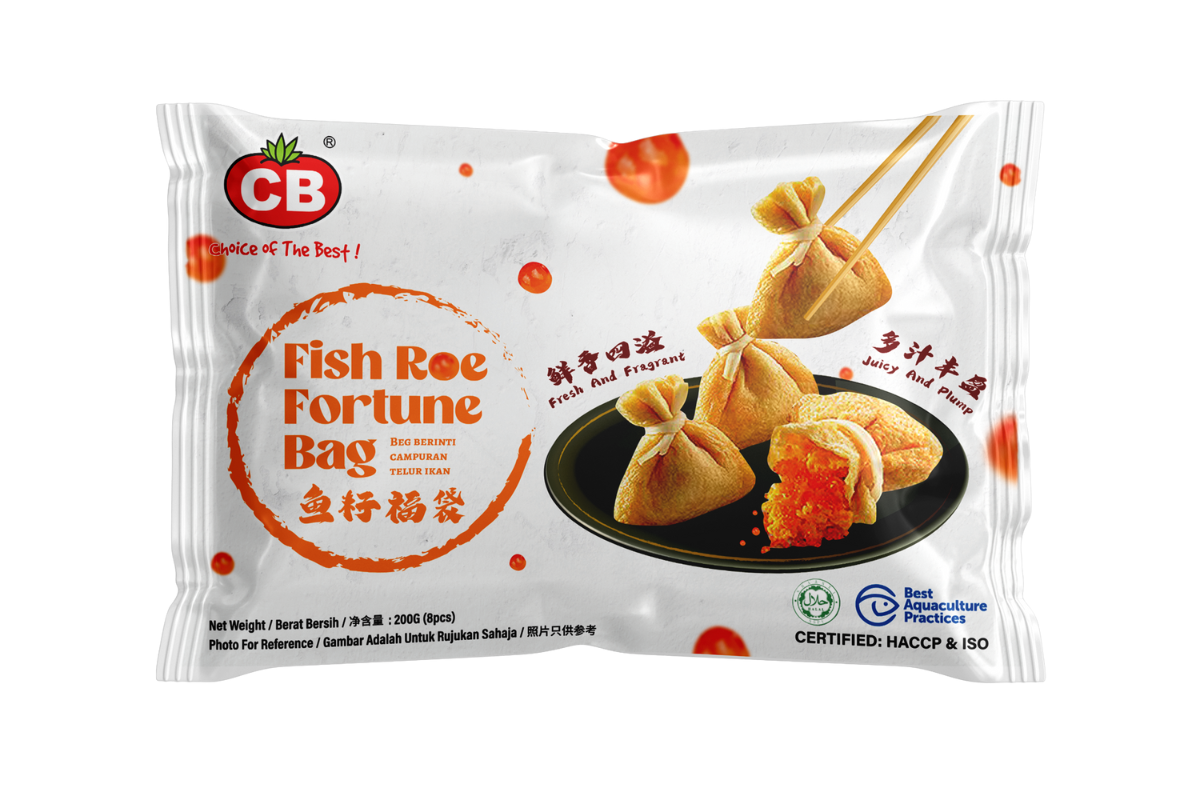 Packaged fish roe fortune bag with CB logo on a white background