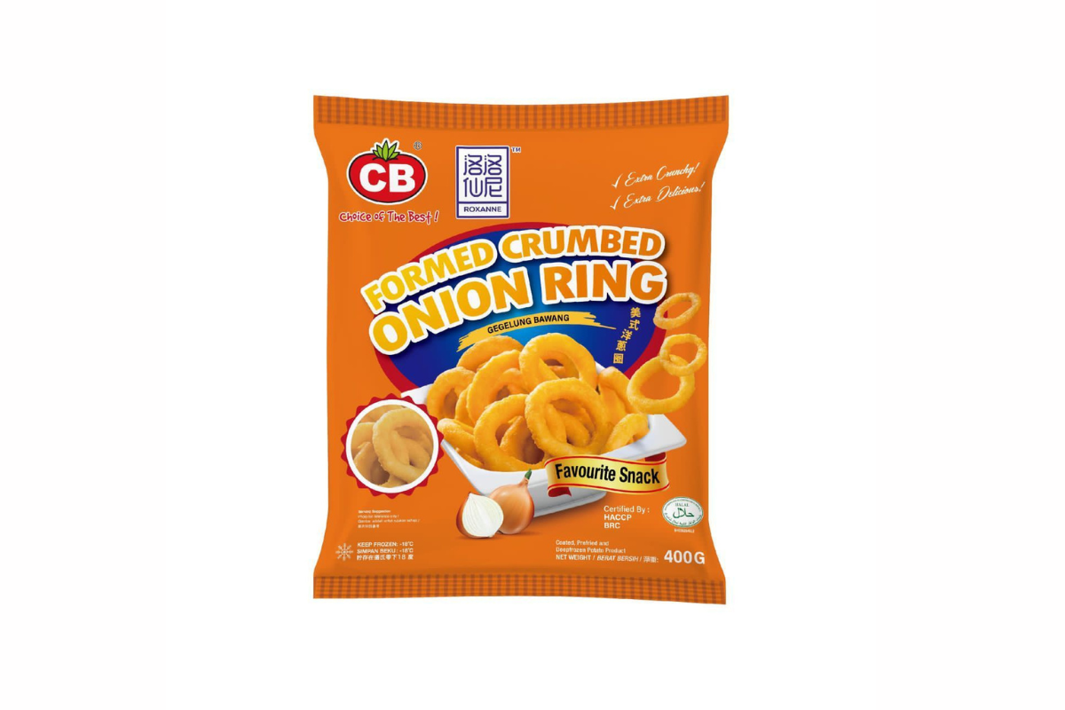Packaging of CB Formed Crumbed Onion Ring on a white background