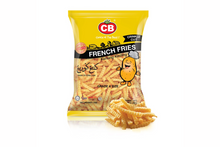 French fries crinkle cut with CB logo in a yellow packaging 