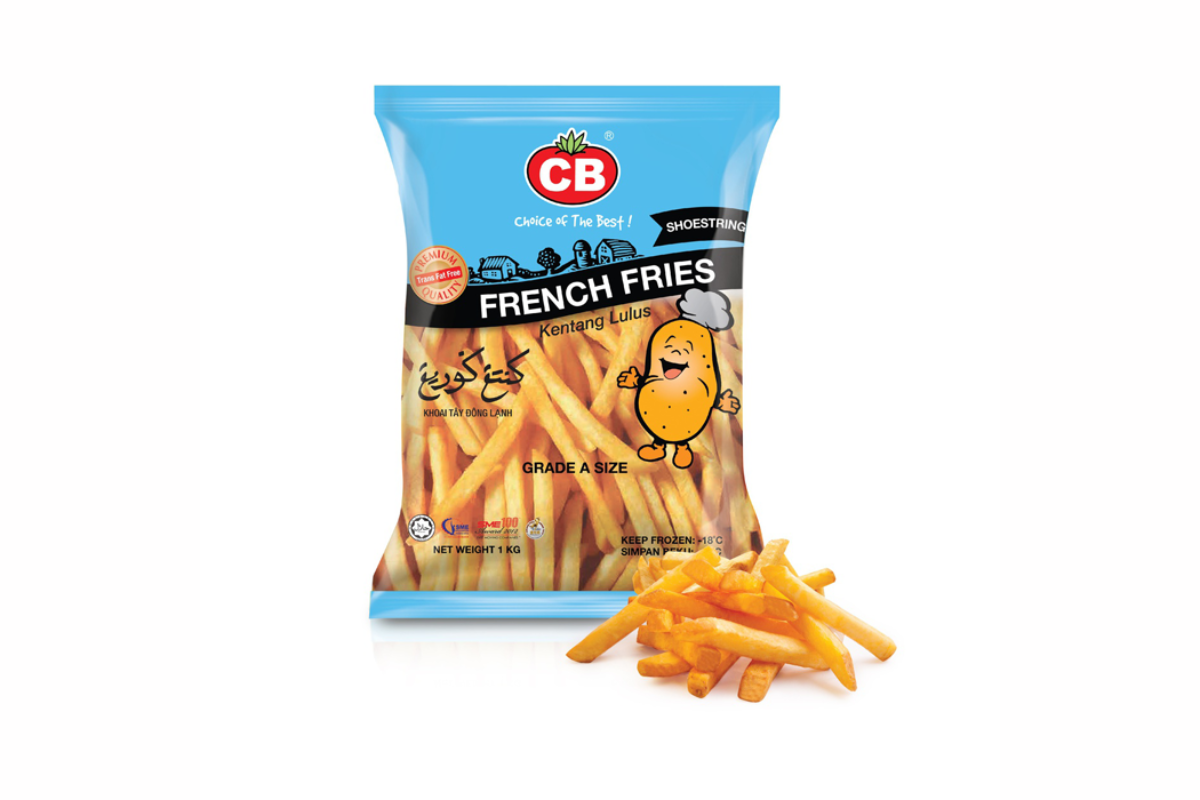 French fries with CB logo in a blue packaging 